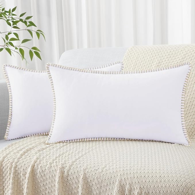 decorUhome Spring Chenille Soft Cozy Throw Pillow Covers 12x20 Set of 2, Modern Farmhouse Boho Velvet Decorative Pillow Cases with Stitched Edge for Couch Sofa Bed Home Decor, White