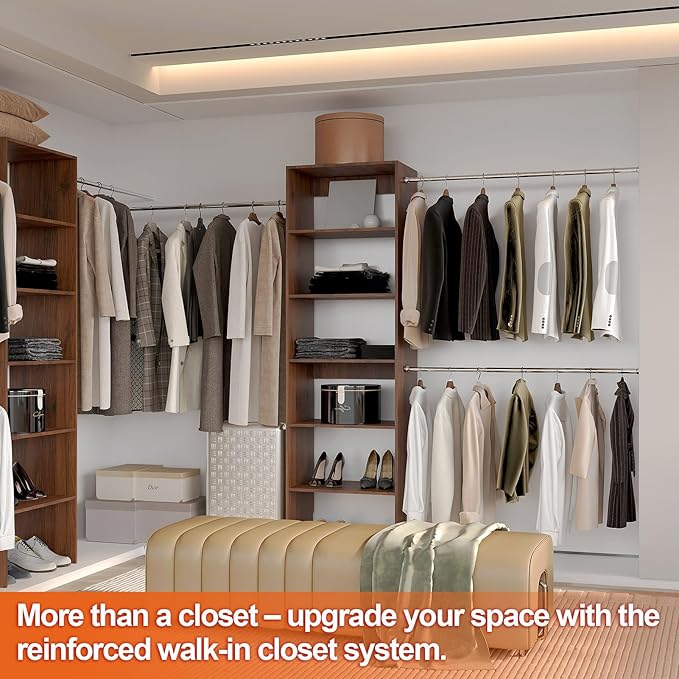 117 inch Large Wall-Mounted Closet Organizer with 5 Storage Shelves and 3 Hanging Rods – Open Wardrobe System (walnut)