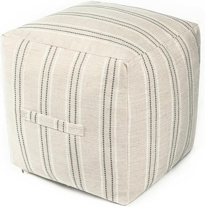 AELS Unstuffed Farmhouse Pouf Cover for Living Room, Boho Storage Bean Bag Cubes, Beige with Gray Stitch Yarn Dyed Stripe Square Ottoman Pouf Foot Rest Footstool, 18"x18"x18", Cover ONLY