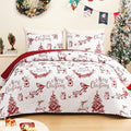 Exclusivo Mezcla Reversible Christmas Quilts Twin Size, Red Bedspread Lightweight Coverlet Winter Quilt Bedding Set with Printed Trees Reindeer Wreaths Pattern (1 Quilt, 1 Pillow Sham)