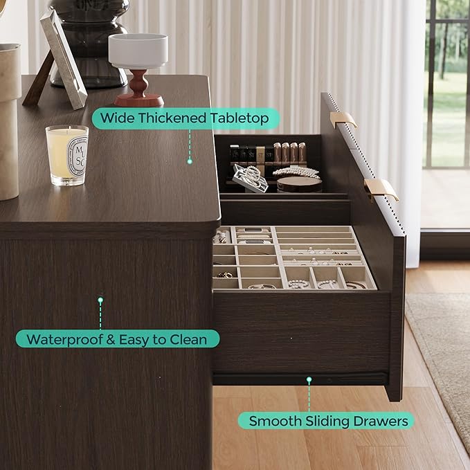 LINSY Fluted 6 Drawer Dresser for Bedroom, 54" Wide Mid-Century Modern Tall Chest of Drawers, Curved Corner Design, Storage Dressers with Deep Drawers, Large Accent Wood Cabinet for Bedroom, Walnut