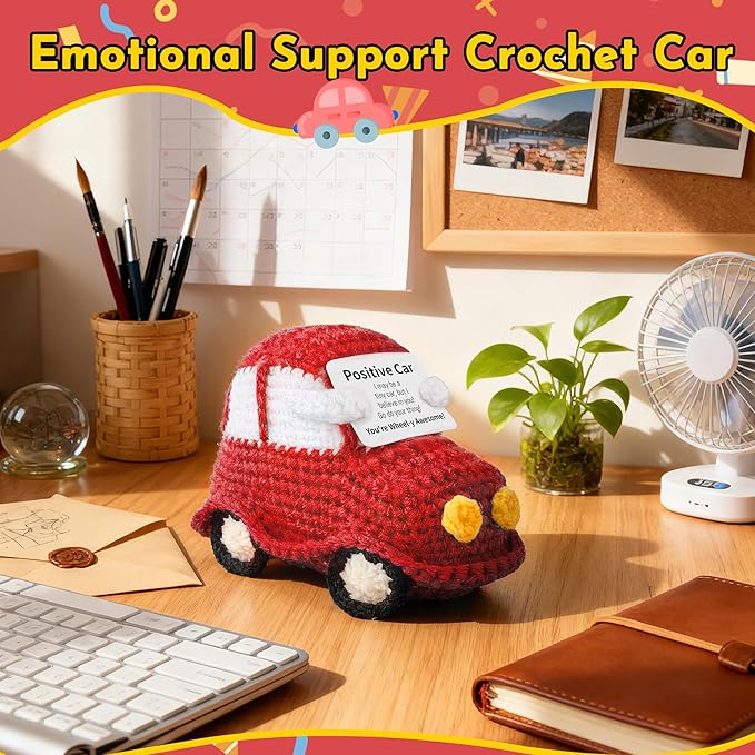 Positive Funny Crochet Car, Emotional Support Mini Handmade Crochet Gift, Inspirational Birthday Gifts for Men Women Friends Boyfriend Dad Coworker, Red