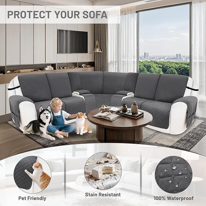 Recliner Sofa Covers 100% Waterproof Velvet L Shape Recliner Couch Covers for Dogs Pets Washable Anti Slip Recliner Slipcovers with Pockets (5 Seat Sofa with 2 Console, Dark Gray)
