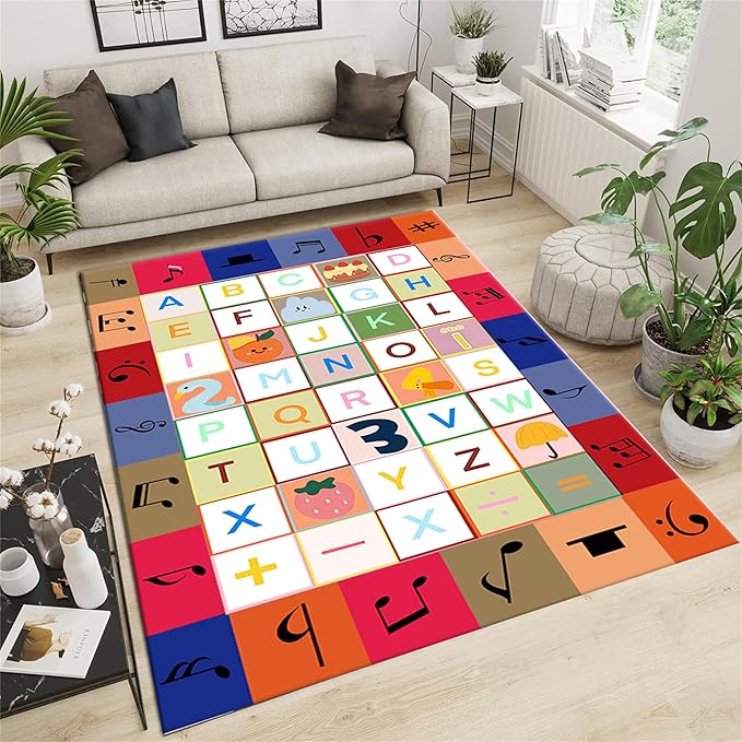 Education Learning Rug Colorful Musical Number Symbols and ABC English Letters Decorate Carpet Baby Crawling Mats with Anti-Skid Rubber Backing for Classroom Home Learning Area Office, 5x7ft