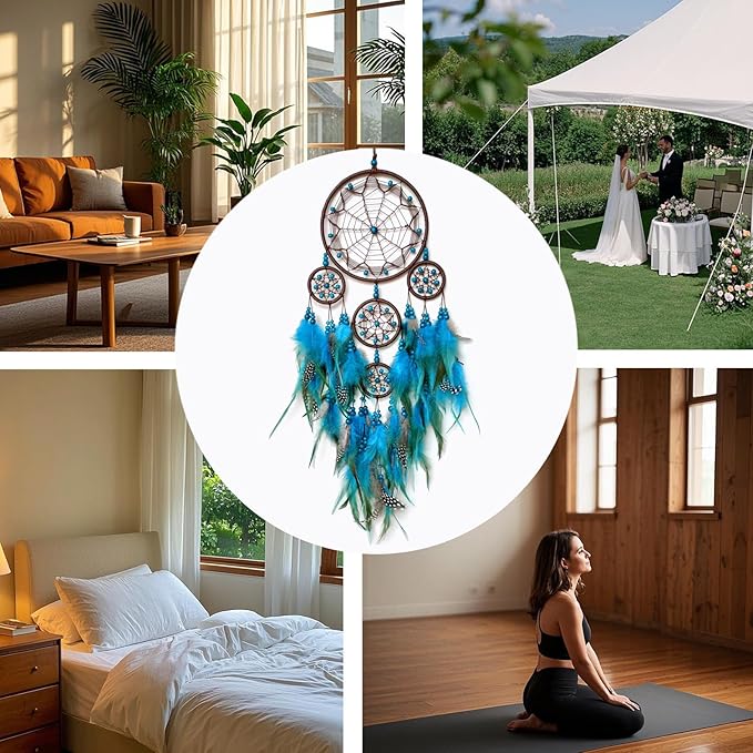 Large Dream Catcher Wall Decor Blue Dream Catchers with Wooden Bead Handmade Feather Dreamcatcher Wall Hanging Ornament for Bedroom Living Room Home Decor