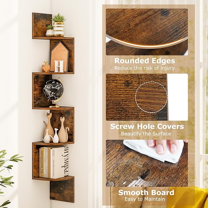 Tangkula 5-Tier Corner Shelf Wall Mount, Farmhouse Floating Corner Bookshelf, Industrial Modern Display Shelf Stand, Wooden Storage Organizer for Living Room Home Office (1, Rustic Brown)