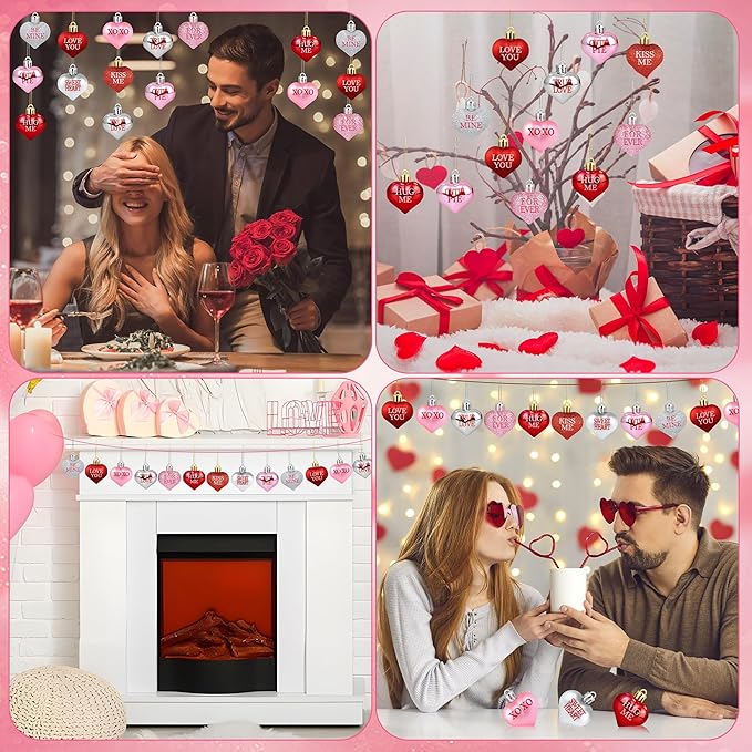 36 PCS Valentine's Day Heart Hanging Ornaments Red Pink Silver Glitter Heart Shaped Baubles Valentines Day Tree Hanging Decorations for Home Wedding Anniversary Party Decoration