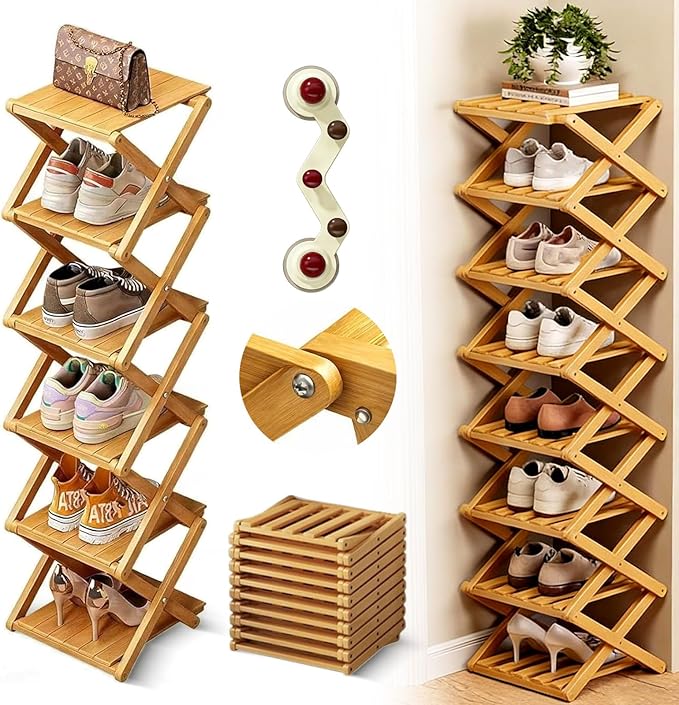 The 9-Tier No-Assembly Bamboo Rack, 2026 Upgraded Foldable 9 Tier Bamboo Corner Shoe Rack, Space-Saving Organizer for Shoes, No Assembly Narrow Shoe Shelf for Entryway Closet Dorm (Yellow, 6 Layers)