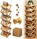 The 9-Tier No-Assembly Bamboo Rack, 2026 Upgraded Foldable 9 Tier Bamboo Corner Shoe Rack, Space-Saving Organizer for Shoes, No Assembly Narrow Shoe Shelf for Entryway Closet Dorm (Yellow, 6 Layers)