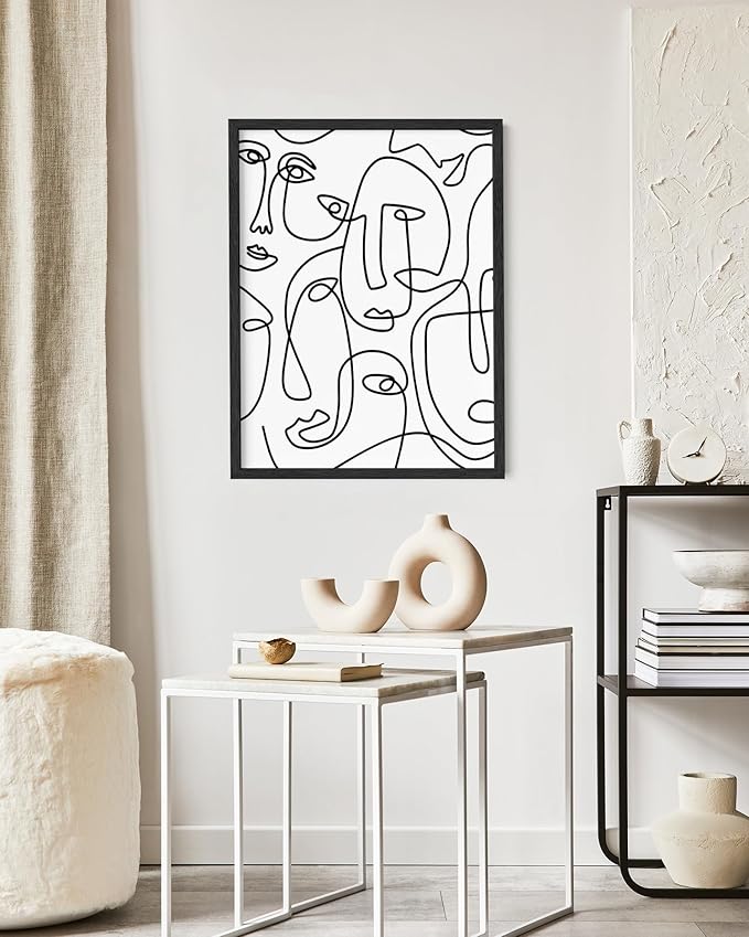 Abstract Face Pattern Wall Art Collage of Modern Faces Continuous Line Drawing 16x20 Inch Oak Wood Black Framed Artistic Aesthetic Print for Living Room