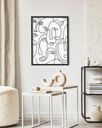 Abstract Face Pattern Wall Art Collage of Modern Faces Continuous Line Drawing 16x20 Inch Oak Wood Black Framed Artistic Aesthetic Print for Living Room