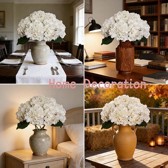 Kimura's Cabin 6pcs Faux White Hydrangeas Fake Flowers Artificial Silk Hydrangea Flower With Stems Bouquets Arrangement for Home Table Centerpieces Wedding Baby Shower Birthday Party Decoration(White)