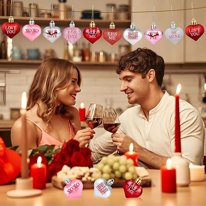 36 PCS Valentine's Day Heart Hanging Ornaments Red Pink Silver Glitter Heart Shaped Baubles Valentines Day Tree Hanging Decorations for Home Wedding Anniversary Party Decoration