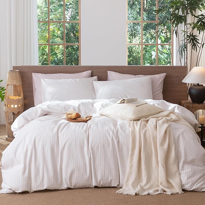 MooMee Striped Duvet Cover Set 100% Washed Cotton Linen Like Textured Breathable Durable Soft Comfy (White Heathered Greyish Pink Wide Stripes, King 104"x90")