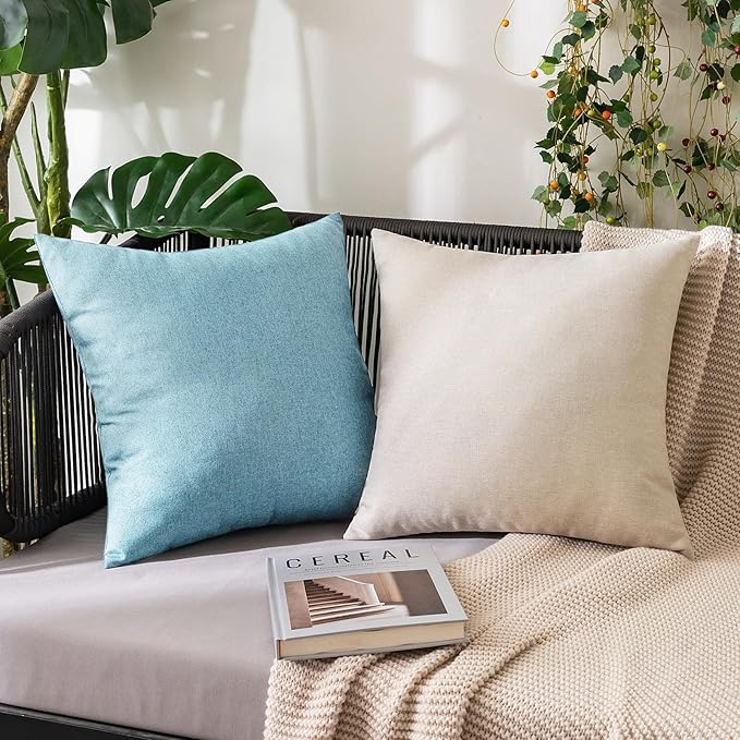 MIULEE Pack of 2 Decorative Outdoor Solid Waterproof Throw Pillow Covers Faux Linen Garden Farmhouse Coastal Cushion Cases for Summer Patio Tent Balcony Couch Sofa 16x16 Inch Blue Gray