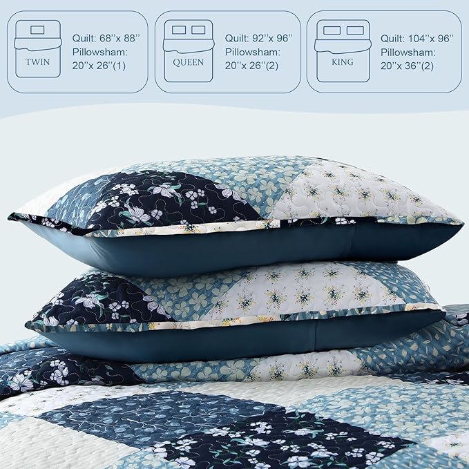 Exclusivo Mezcla Reversible Boho Quilts Queen Size, Blue Bedspreads Lightweight Coverlet All Season Patchwork Quilt Bedding Set with Printed Floral Pattern (1 Quilt, 2 Pillow Shams)