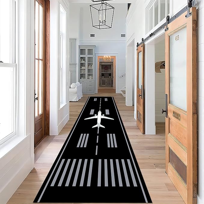 Airport Long Hallway Rug Runners, 3.3x10ft, Airplane Runway Track Indoor Area Mat, Anti-Skid Durable Nursery Decor Carpets, Cozy Low Pile Easy Clean Printed Rugs for Family Kids Bedside