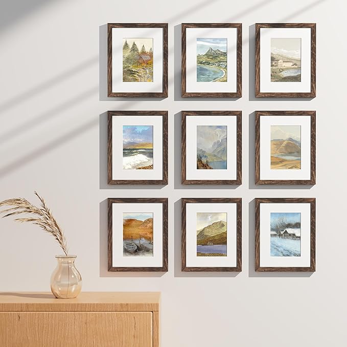 Vittanly 8x10 Picture Frames Set of 9, Shatter Resistant Plexiglass, Display 5x7 Pictures with Mat or 8x10 without Mat, Photo Frames for Wall or Tabletop, Engineered Wood, Brown