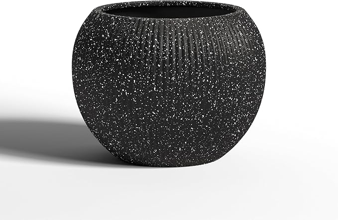 DTY Signature Mount Sherman 19.7''D x 21.7''H Modern Indoor Outdoor Fiberstone Sphere Planter, Durable Round Garden Pot, Weather Resistant, Drainage Hole & Rubber Plug (Ribbed Black, Large)