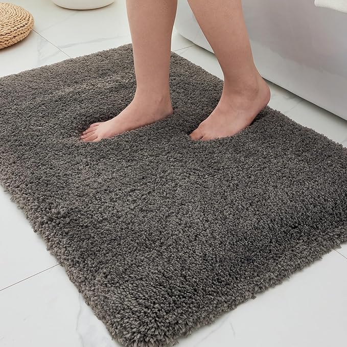 ILANGO Dark Gray Bathroom Rugs 30" × 20" Non Slip & Super Absorbent Extra Thick Soft, Washable Bath Mat for Floor, Microfiber Plush Shaggy Bath Rug with Rubber for Bathtub Shower Room Sink