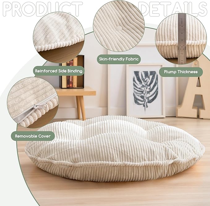 35" Washable Floor Pillow Cushion for Adults, Meditation Cushion Pillow, Extra Large Round Floor Sitting, Removable Tufted Corduroy Cover, for Tatami Living Room or Yoga, Beige, Machine Washable