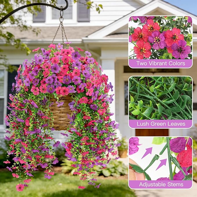 2 Bundles Fake Flowers for Spring Decor, Hanging Artificial Flowers for Outdoors, UV Resistant Spring Floral Stems for Porch, Window and Garden Decoration (2)