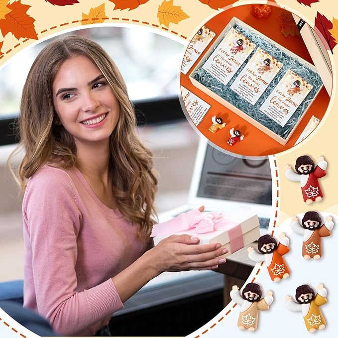 25 Pcs Thanksgiving Fall Jesus Figures Bulk 25 Fall for Jesus He Never Leaves Cards Little Maple Leave Figurines Greeting Cards Mini Pocket Figures for Religious Party Favors Gifts
