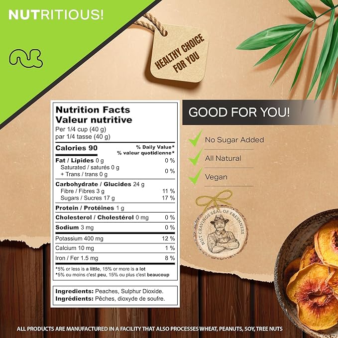NUT CRAVINGS - Dried California Peaches, No Sugar Added, Unsweetened (16oz, 1 LB) Tu Bishvat Favorite - Sweet Healthy Snack, Vegan, Kosher, Resealable Bag