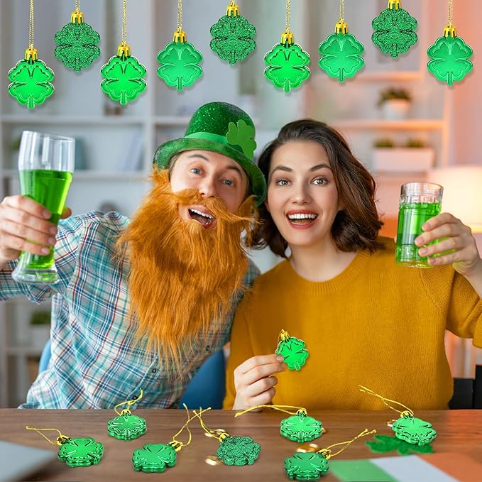 JULMELON 24 PCS St Patricks Day Four Leaf Clover Ornaments for Tree, Mini Green Lucky Four Leaf Shamrock Hanging Irish Saint Patricks Day Tree Decorations for Home Kitchen Party Decor