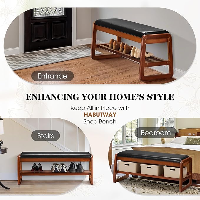 Solid Wood Shoe Rack with Flip-Top Storage, Entryway Shoe Bench with Cushion, 2 Tier Shoes Storage Organizer for Hallway, Living Room-(Black,39.37"-L)