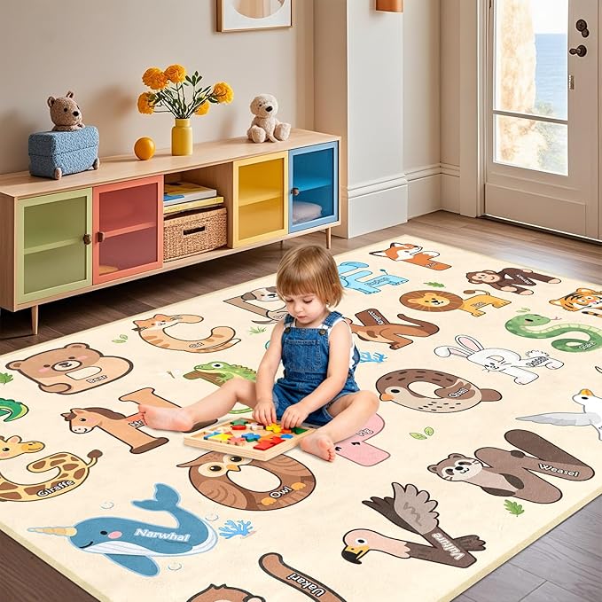 ABC Rugs for Kids Playroom - 4.5x6 Feet Alphabet Rug Kids Play Carpet Preschool Learning Animals, Educational Rug for Children Toddler Bedroom Nursery Kindergarten Decor, Beige