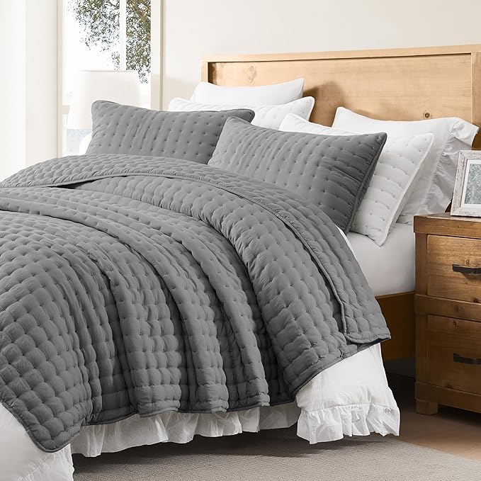 WDCOZY Dark Grey Queen Size Quilt Bedding Sets with Pillow Shams, Deep Lightweight Bedspread Coverlet, Quilted Blanket Thin Comforter Bed Cover, All Season Summer Spring, 3 Pieces, 90x90 inches