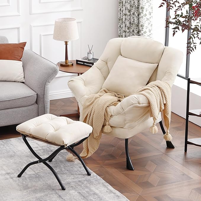 Lvory Lazy Chair with Ottoman, Large Velvet Lounge Accent Chair with a Throw Pillow, Comfy Leisure Sofa Chair for Living Room Bedroom Dorm Room Office Apartment Reading Relaxing Use