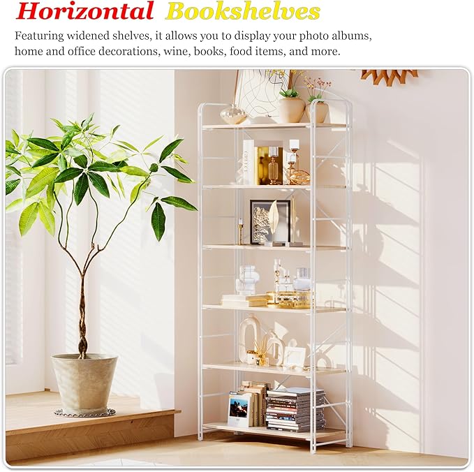 UDD Folding Bookshelf No Assembly, 65" H x 23.7" W, 6 Shelf Foldable Bookcase Industrial Collapsible Bookshelves, Open Storage Book Shelves for Small Spaces Home Office Living Room, Light Oak White