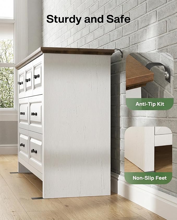 Marsail Farmhouse 7 Drawer Dresser, Wood Chest of Drawers with Natural Texture, Smooth Gliding Drawers, Versatile Storage Organizer Cabinet for Bedroom & Living Room, White and Brown