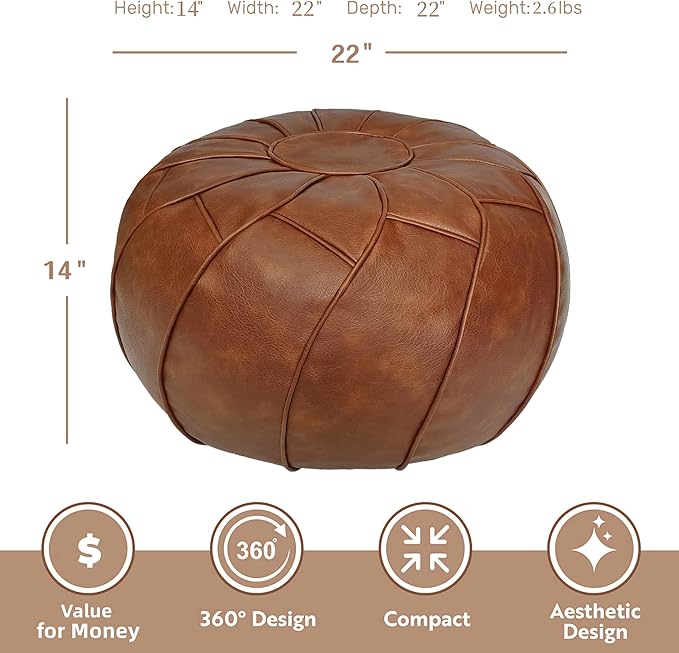 Thgonwid Round Unstuffed Pouf Cover, Leather Foot Stool Ottoman with Storage, Bean Bag Floor Chair, Multi Functional Footrest for Living Room, Bedroom or Balcony (Brown)