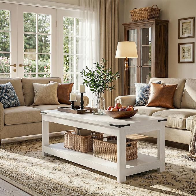 Homieasy Coffee Table with Storage Shelf, 43.3” Farmhouse Wood Coffee Tables for Living Room, Modern Center Tea Table, White