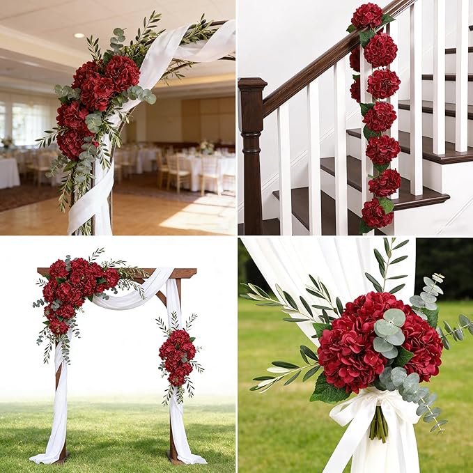 Kimura's Cabin 6Pcs Burgundy Fake Hydrangea Flowers Artificial Silk Hydrangeas Flowers with Stems Hydrangea Bouquets for Home Wedding Baby Shower Birthday Party Decoration （Dark Red）