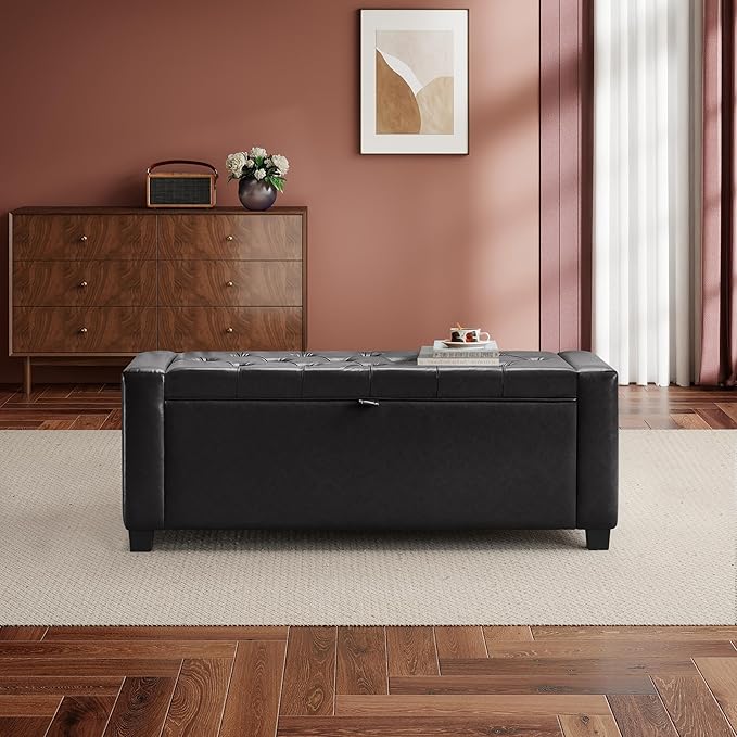 SUNWAVE Storage Ottoman Bench, PU Leather End of Bed Storage Bench with Button Tufted, Safety Hinge Lid, Large Ottoman for Bedroom, Living Room & Entryway