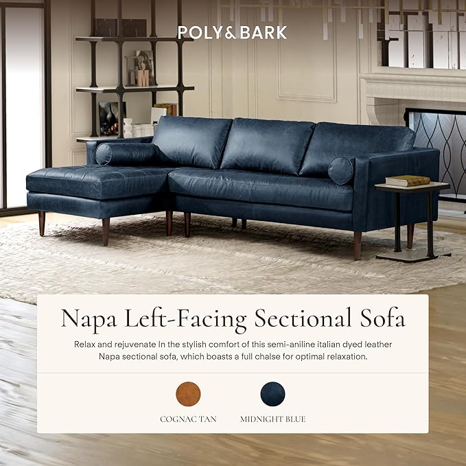Poly & BARK Napa 104.5" Left-Facing Sectional Sofa – Midnight Blue Full-Grain Pure-Aniline Italian Leather, Feather-Down Cushions, Kiln-Dried Solid Wood Frame, Walnut Legs