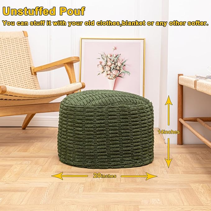 Handmade Unstuffed Ottoman Pouf Cover – Versatile Storage Footstool & Floor Pouf for Living Room, Bedroom, or Wedding Decor | 20" Diameter x 14" Height | Filler Not Included (Green)