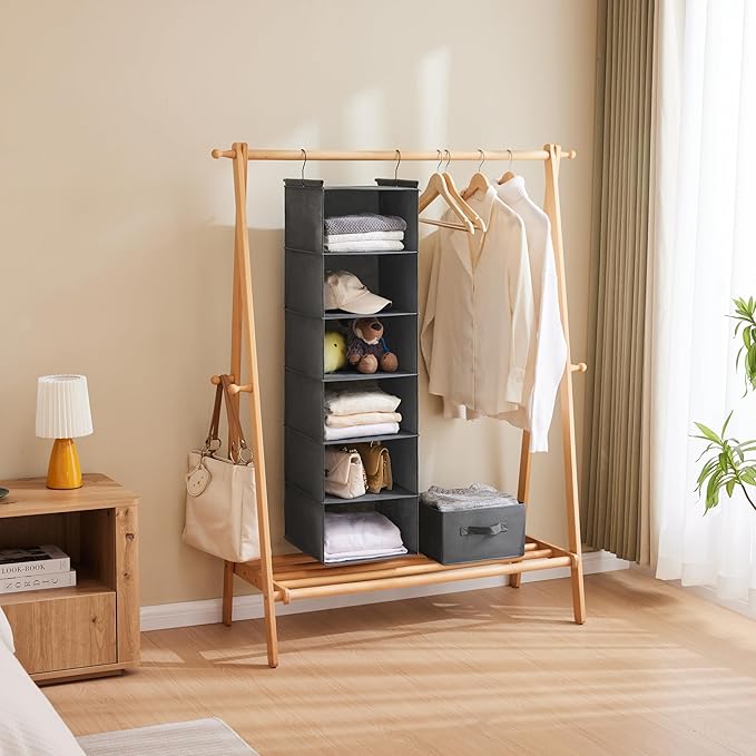 MAX Houser 6 Tier Shelf Hanging Closet Organizer, Closet Hanging Shelf with 2 Sturdy Hooks for Storage, Foldable (Grey)