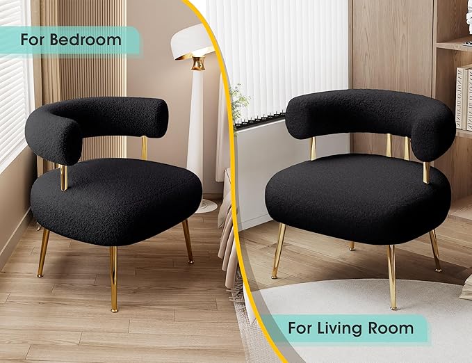 Mid Century Sherpa Boucle Accent Chair, Round Upholstered Barrel Arm Chair for Small Spaces, Fluffy Side Corner Sofa Chair for Living Room, Bedroom, Vanity, Office, Reading Nook(Black)