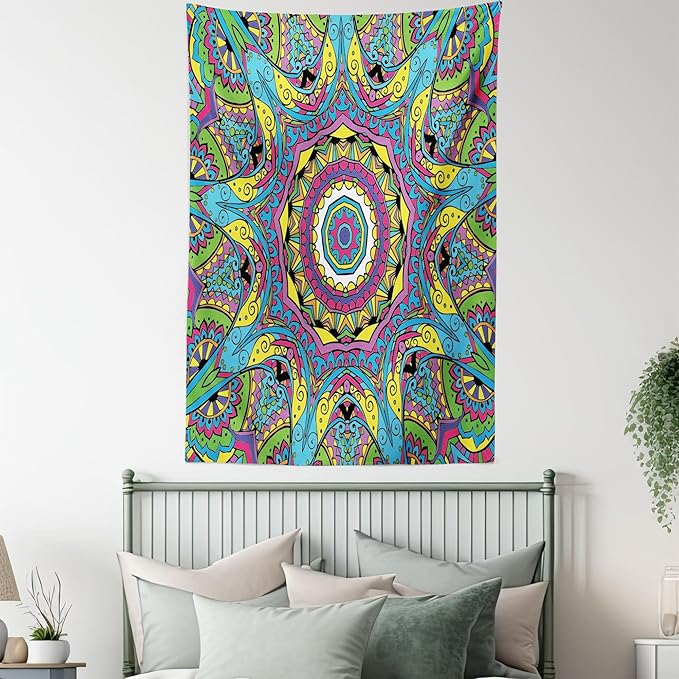 Ambesonne Psychedelic Tapestry, Abstract Unusual with Color and Form Details Hippie Retro, Wall Hanging for Bedroom Living Room Dorm Decor, 60" X 80", Soft Blue