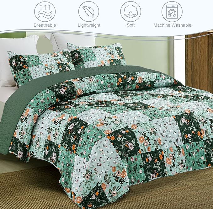 Exclusivo Mezcla Reversible Boho Quilts Queen Size, Green Bedspreads Lightweight Coverlet All Season Patchwork Quilt Bedding Set with Printed Floral Pattern (1 Quilt, 2 Pillow Shams)