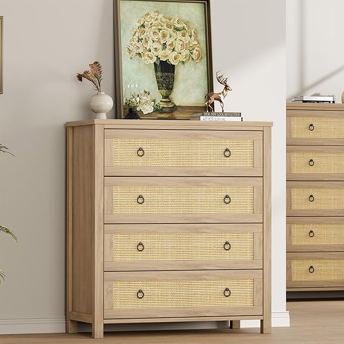 IDEALHOUSE Rattan Dresser for Bedroom, Chest of Dressers 37" Tall Dresser for Closet with 4 Rattan Drawers Chest with Clothes Storage Cabinet, Drawer Organizer for Bedroom, Living Room, Hallway