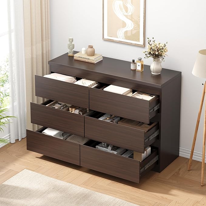 Modern 6 Drawer Dresser - Simply Chest of Drawers for Bedroom, Closet, Living Room, Hallway, Entryway, Wood Storage Double Dresser with Smooth Metal Rails - Retro Brown