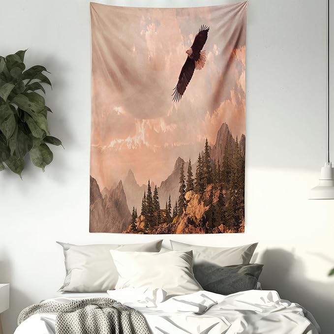 Ambesonne Eagle Tapestry, Nature Photography of Rocky Mountains and Forest a Bird Flying over It, Wall Hanging for Bedroom Living Room Dorm Decor, 40" X 60", Rose Green