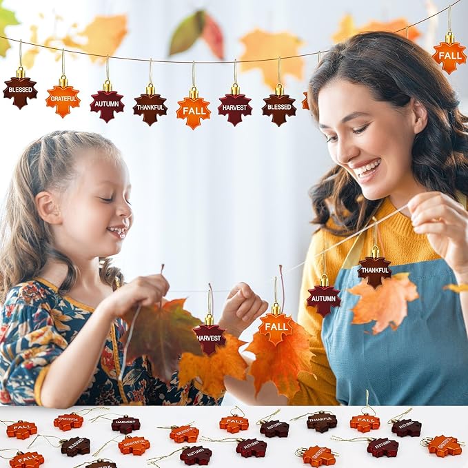 JULMELON 24Pcs Fall Thanksgiving Maple Leaf Ornaments Maple Leaves Tree Decorations Autumn Harvest Hanging Ornaments with Rope Maple Pendant for Farmhouse Rustic Party Favors Craft Supplies