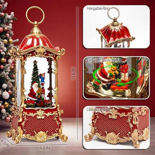 14" Christmas Snow Globe Lantern with Santa Claus - Swirling Glitter LED Light Musical Water Lantern with Rotatable Interior - Vintage Xmas Gifts - USB Plug or Battery Operated Home Decor (Palace Red)